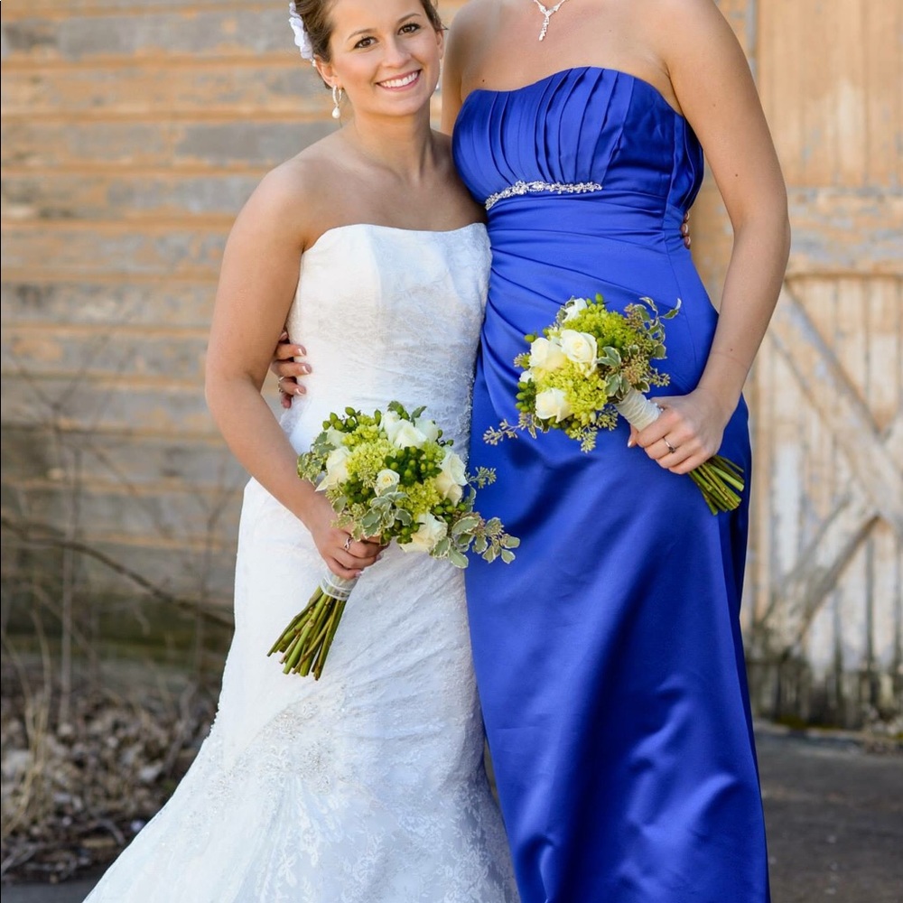Blue, strapless, floor length bridesmaid dress